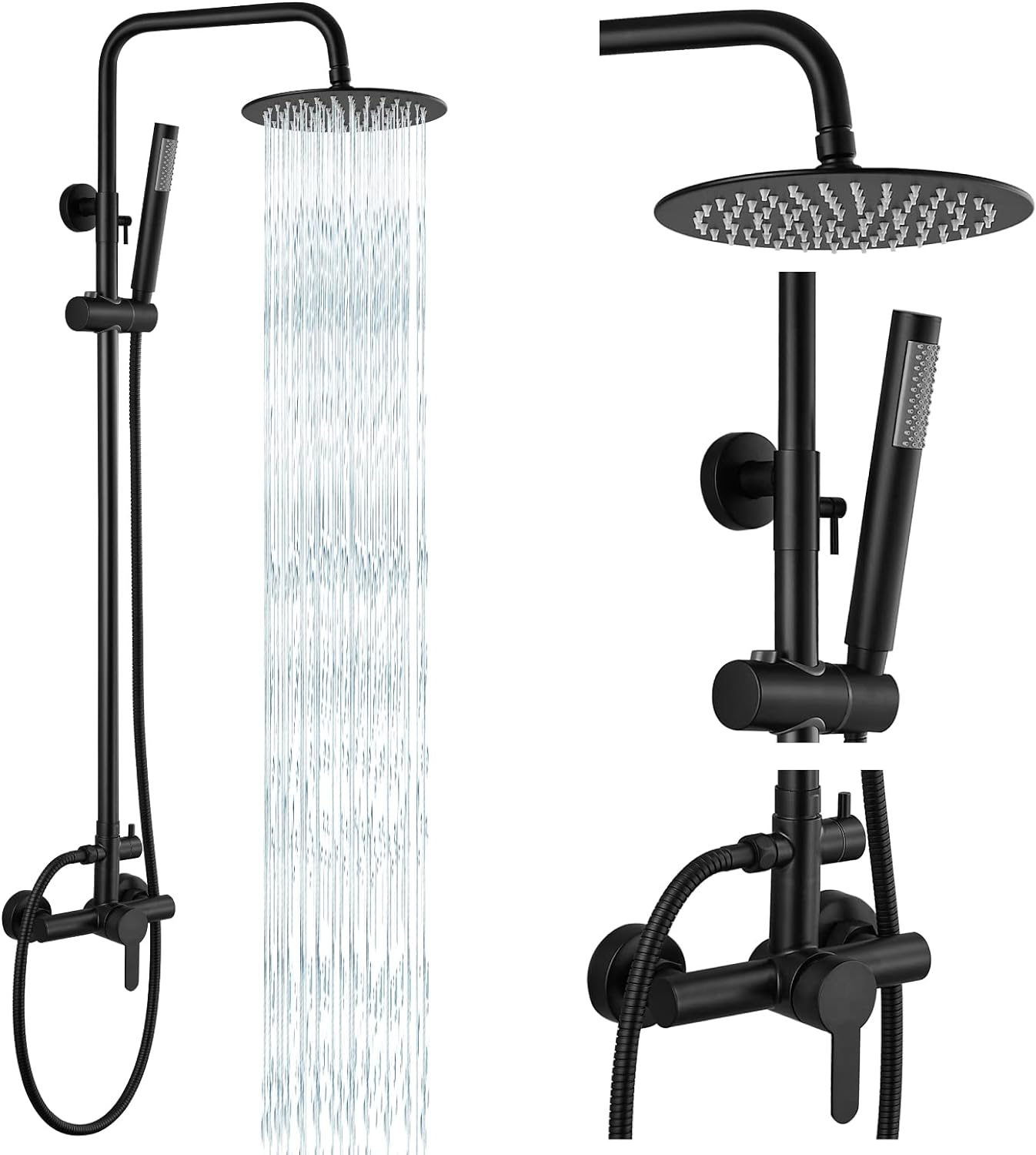 gotonovo Matte Black Outdoor Shower Fixture Rainfall Single Handle Shower System Set High Pressure Wall Mount 2 Dual Function 8 Inch Shower Head and Handheld Spray SUS304 Shower Faucet Combo