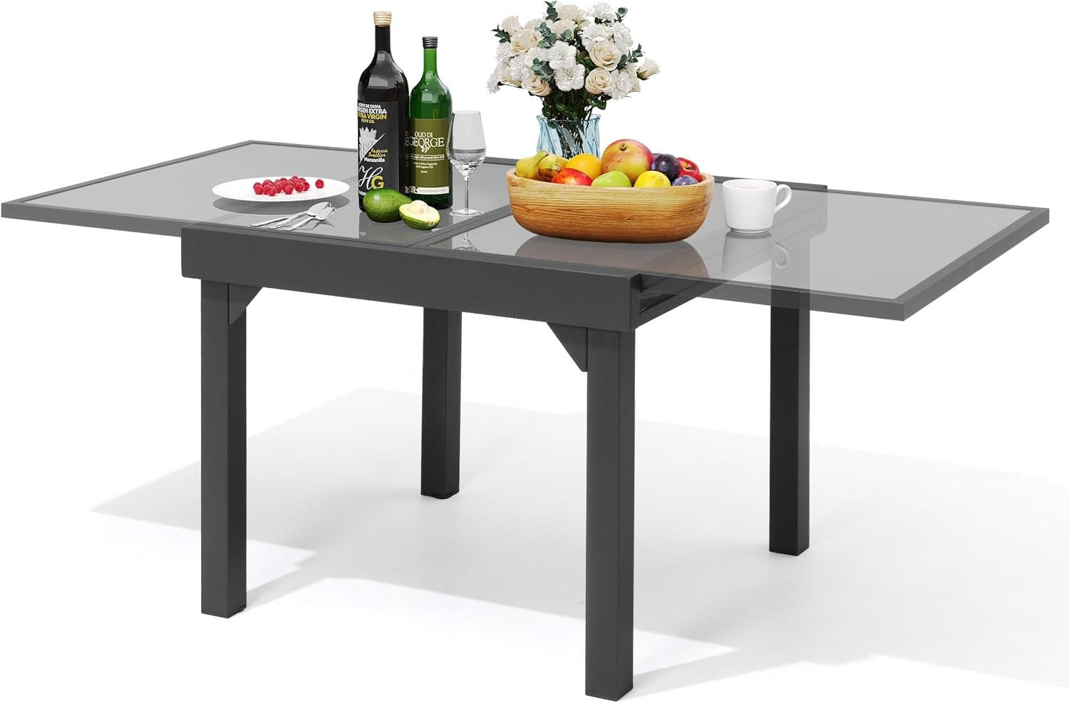 Modern Aluminum Outdoor Dining Table - Expandable Patio Glass Dining Table for 6-8, Extendable Aluminum Patio Extender Table 35" to 70" for Backyard, Porch, Deck, Garden, Tempered Glass Gray