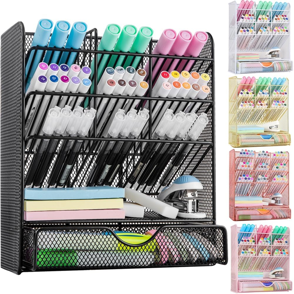 Metal Pen Organizer, Pencil Holder for Desk, Desk Organizer with Drawer for School, Home, Art Supplies (Black)