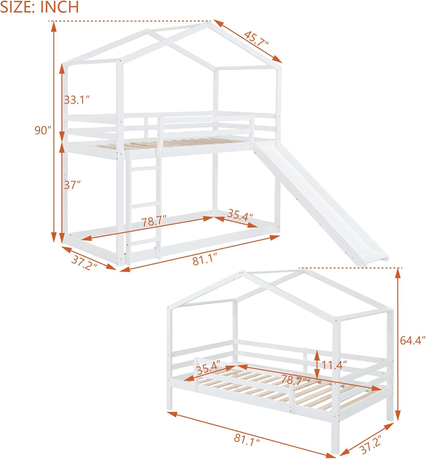 Kids House Bunk Bed with Slide, Solid Wood Bunk Beds Twin Over Twin Size with High Guardrail, Able to Split, Kids Loft/Bunk Bed, Storage Space, Noise Free, Easy Assembly (White)