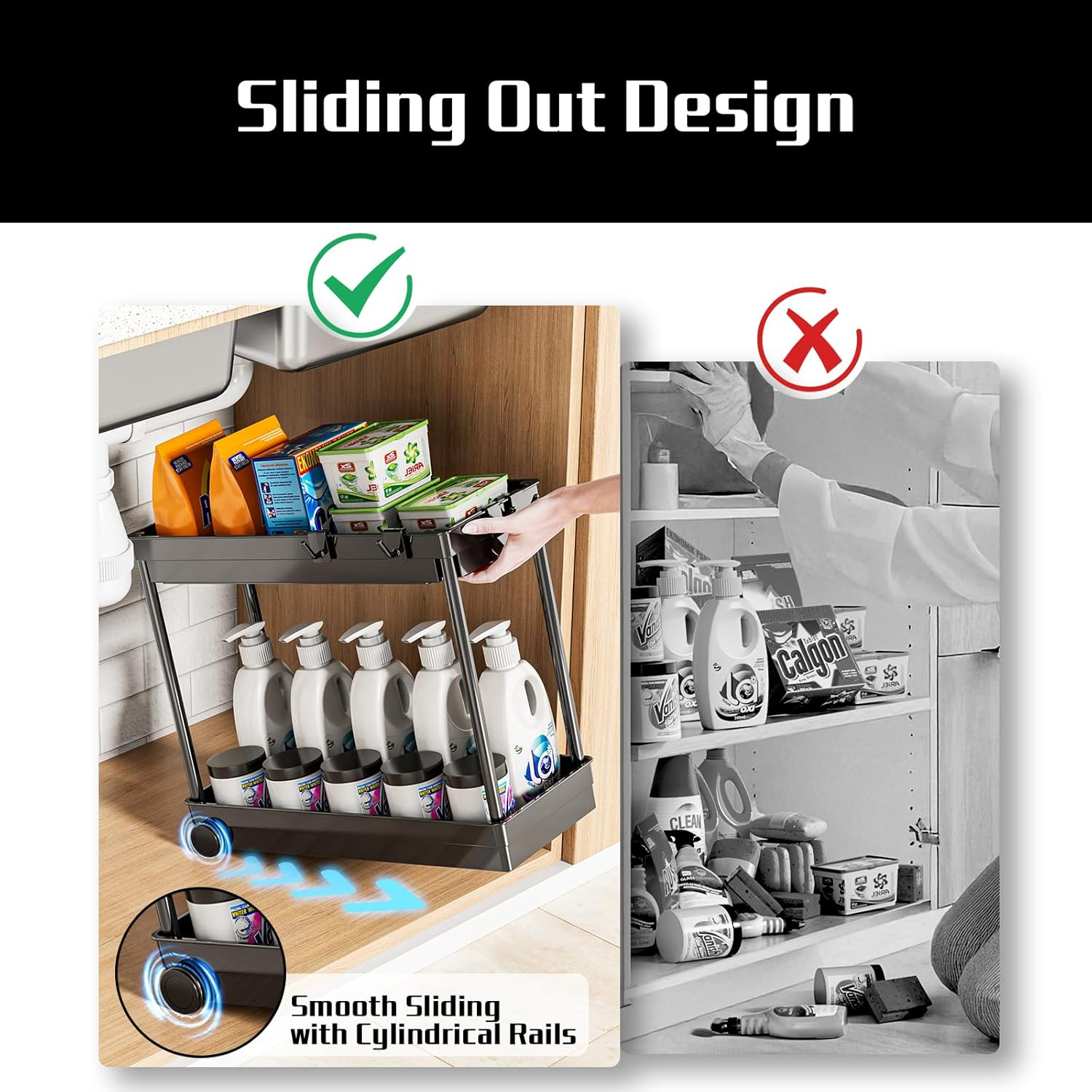 2 Pack Under Sink Organizer, 2 Tier Bathroom Cabinet Organizers and Storage with Hook, Multi-purpose Storage Basket Shelf for Kitchen, Black