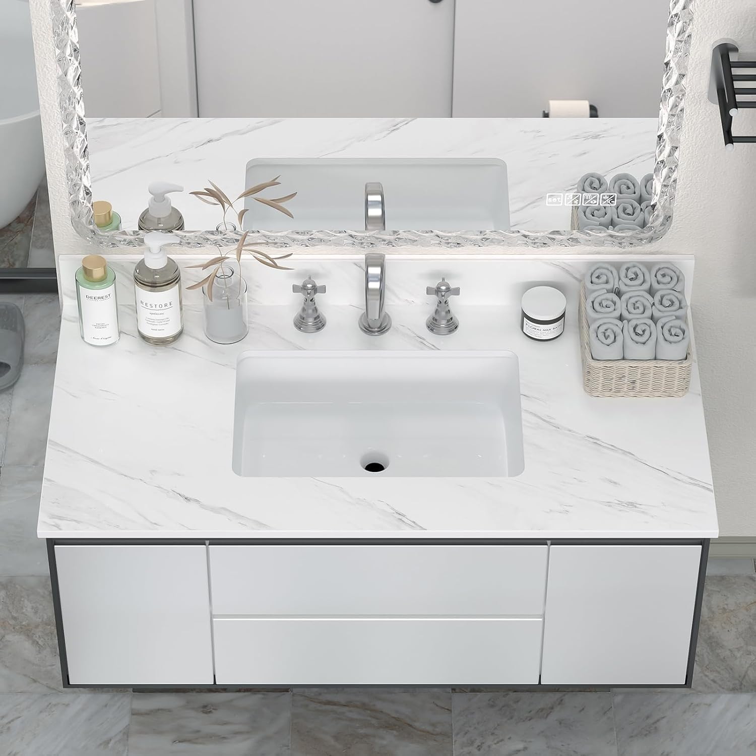 43 Inch Bathroom Vanity Top, Elegant White Sintered Stone Vanity Top with Rectangle Undermount Ceramic Sink and Top Backsplash, 43" Vanity Sink Top - 3 Holes, No Cabinet