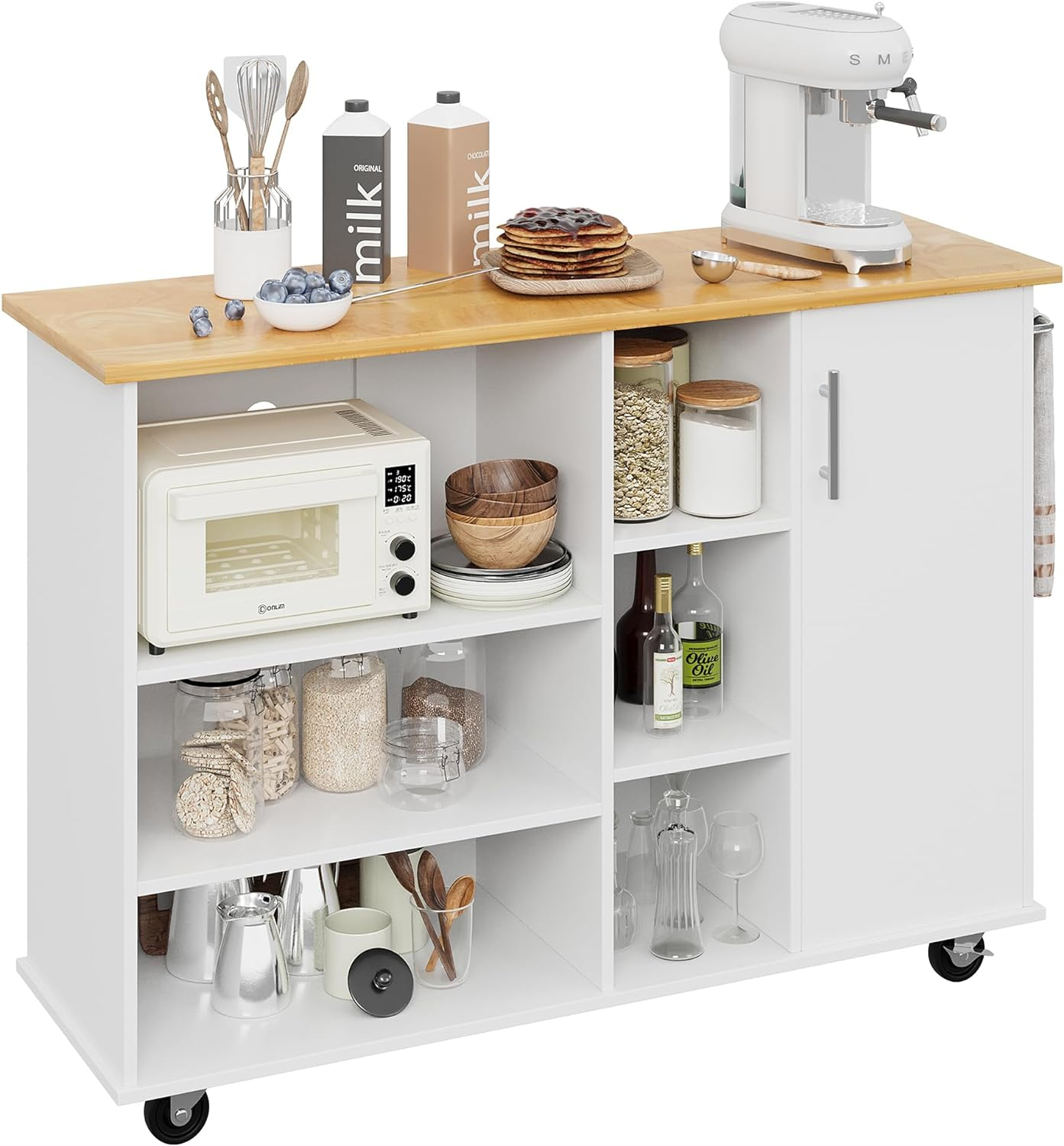 Sobaniilo Small Kitchen Island on Wheels with 3-Tier Side Spice Rack and Rubber Wood Top, Trolley Cart with Storage Cabinet & Drawer and Handle/Towel Rack, White