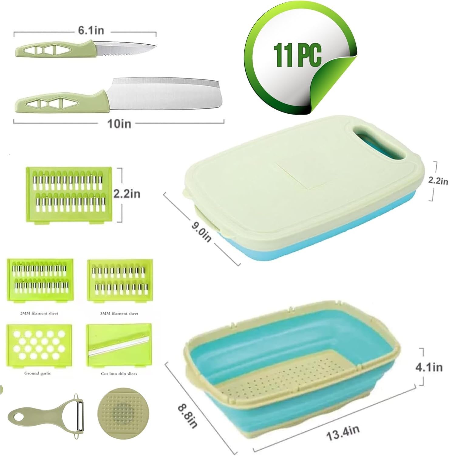 R&M HOME Green Plastic Multi-Functional Folding Cutting Board, 9-in-1 with Grating, Chopping, Slicing, Cutting, and Washing Functions for Vegetables and Fruits, Knife-Safe, Perfect for Kitchen.