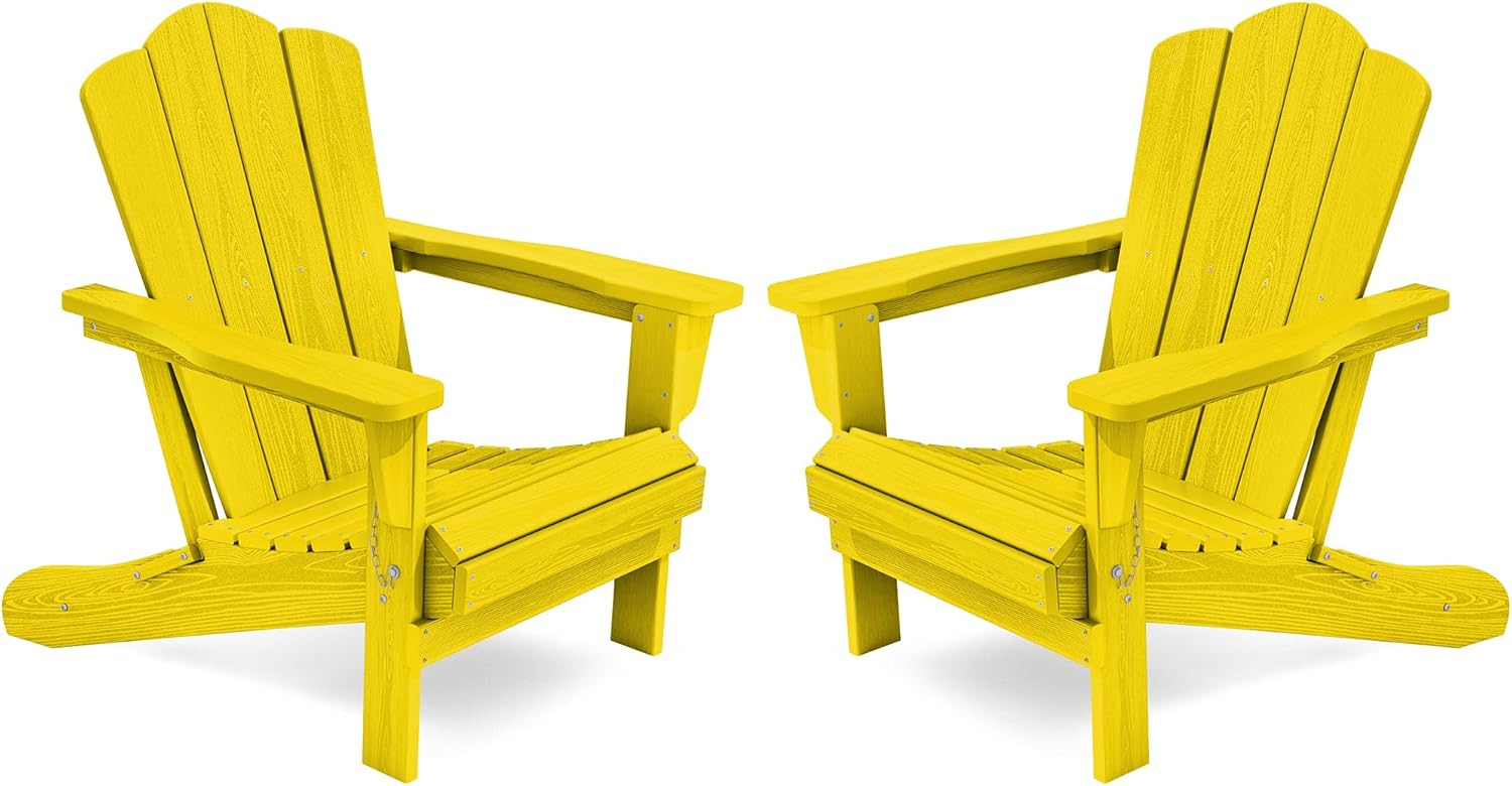 KINGYES Folding Adirondack Chair Set of 2, HDPE All-Weather Folding Adirondack Chair, Yellow
