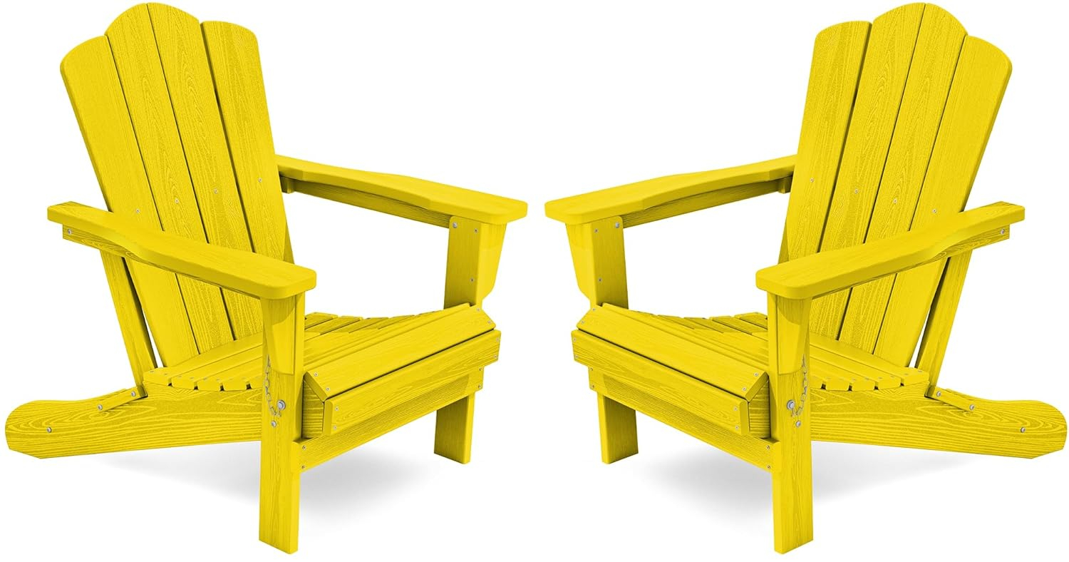 KINGYES Folding Adirondack Chair Set of 2, HDPE All-Weather Folding Adirondack Chair, Yellow