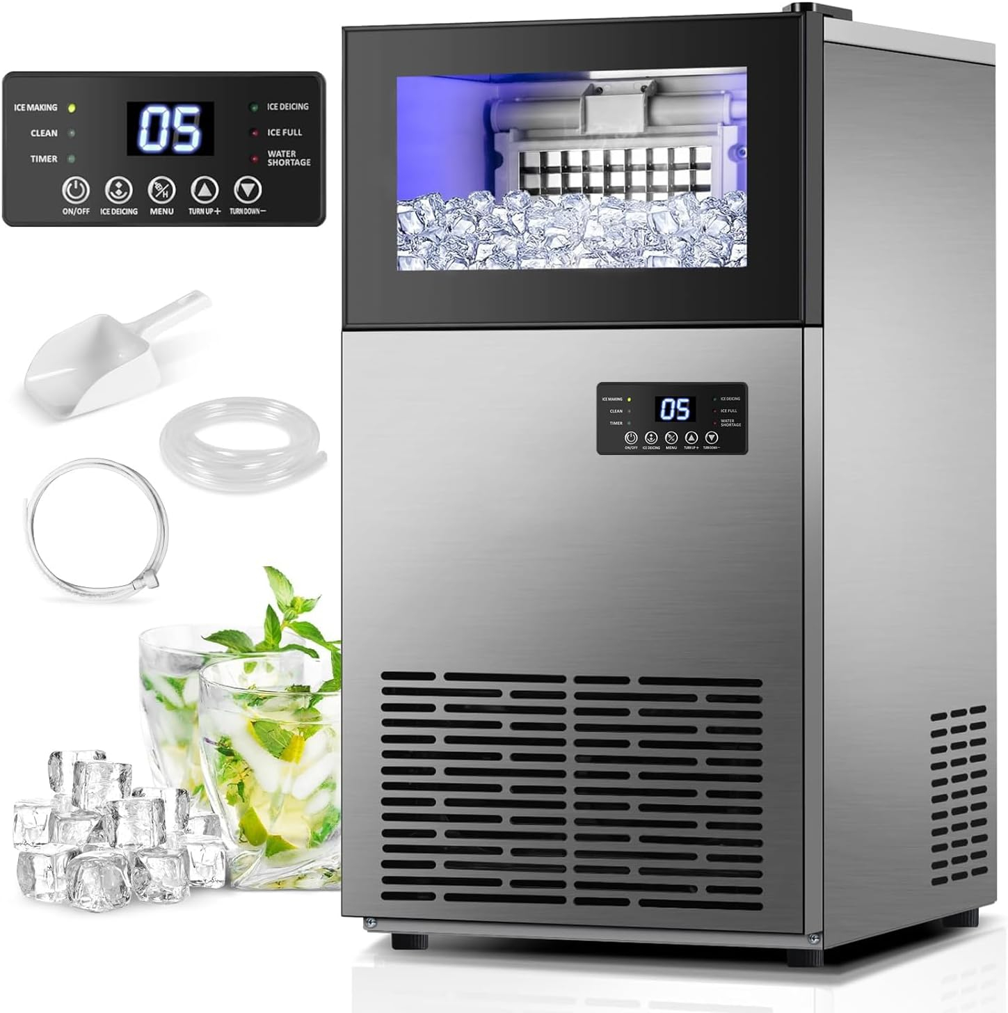 Commercial Built-in or Freestanding Ice Maker 130Lbs/24H with 35Lbs Ice Capacity, 45Pcs Ice Cubes, Stainless Steel