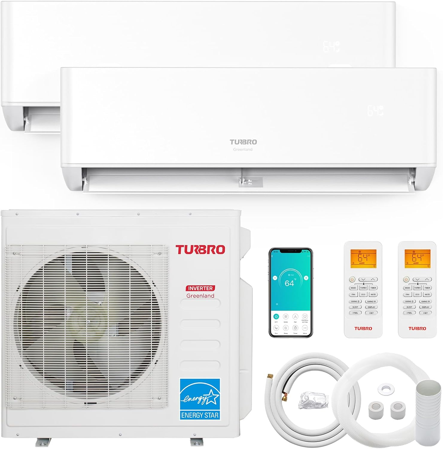 TURBRO 36,000 BTU 4 Zones Mini Split AC/Heating System, Ductless Multi Zones Inverter Mini Split Air Conditioner with Heat Pump, 22.5 SEER2, WiFi Enabled, Greenland (9K+9K+9K+9K), 230V