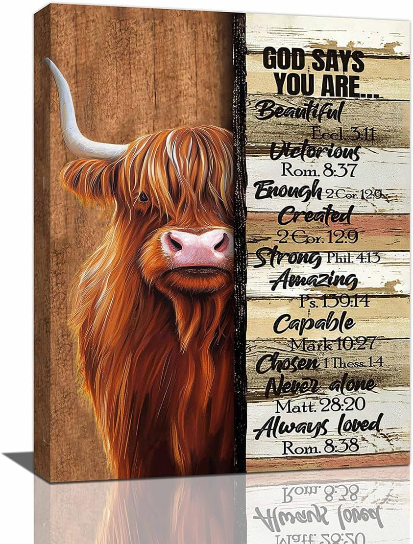 Farmhouse Highland Cow Decor Wall Art Farm Cow Inspirational Quotes God Says You are Pictures Wall Decor Canvas Painting Prints Artwork Decorations Framed for Bathroom Bedroom Kitchen 12"x16"