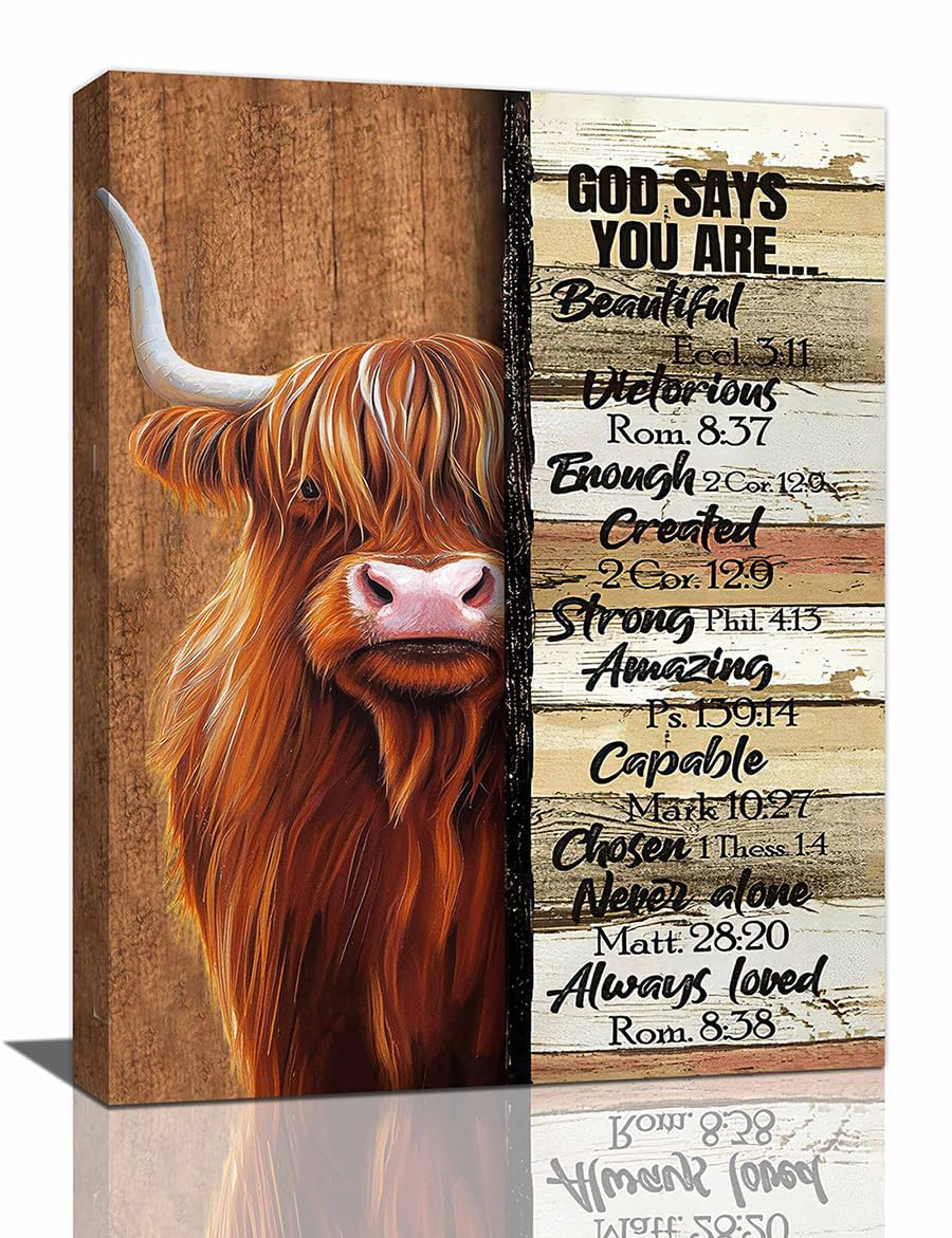 Farmhouse Highland Cow Decor Wall Art Farm Cow Inspirational Quotes God Says You are Pictures Wall Decor Canvas Painting Prints Artwork Decorations Framed for Bathroom Bedroom Kitchen 12"x16"