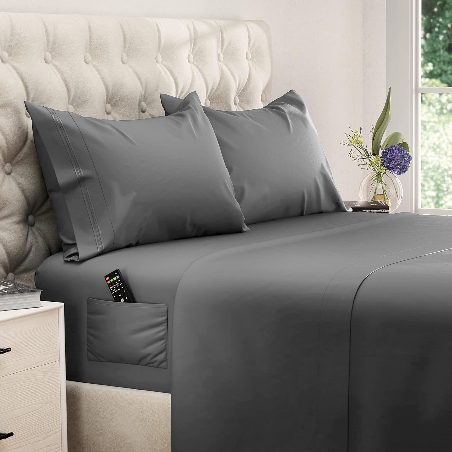 DREAMCARE - Bed Sheets Set - Queen Size Sheet with Side Pocket - 4pcs Set, 15 inches, Dark Gray