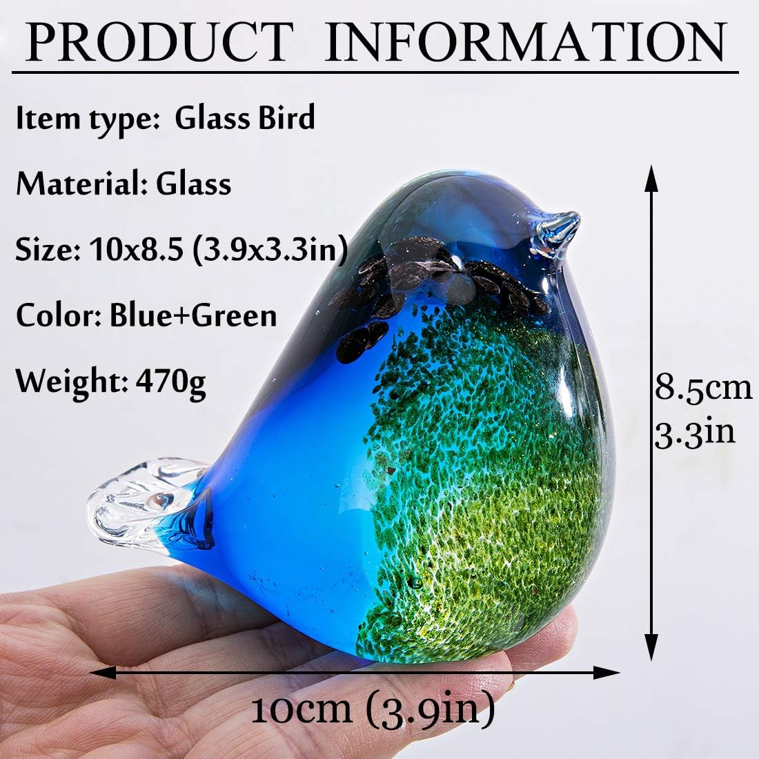 Qf Glass Bird Handmade Blown Glass Figurine Christmas, Birthday Gift Decorative Ornaments for Home Blue and Green Paper Weight