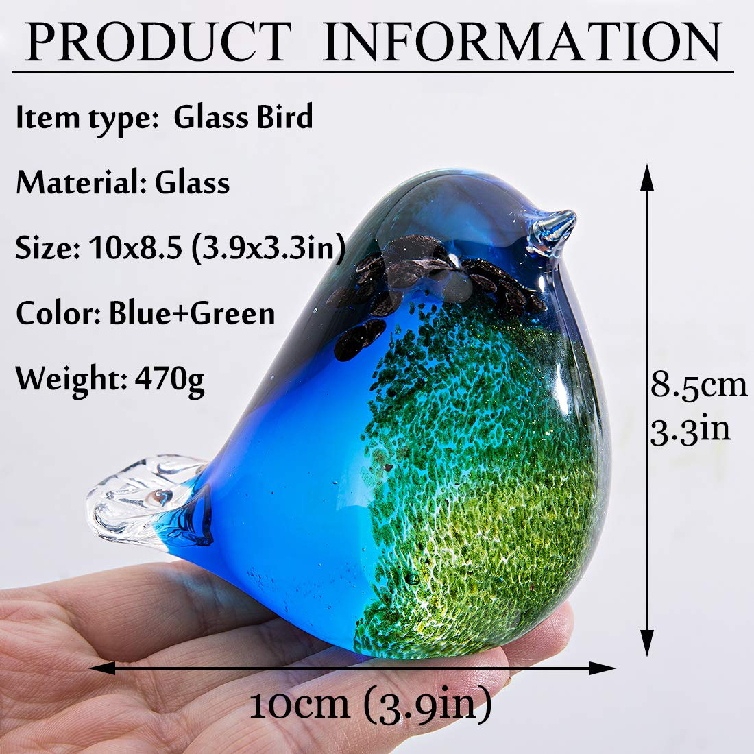 Qf Glass Bird Handmade Blown Glass Figurine Christmas, Birthday Gift Decorative Ornaments for Home Blue and Green Paper Weight