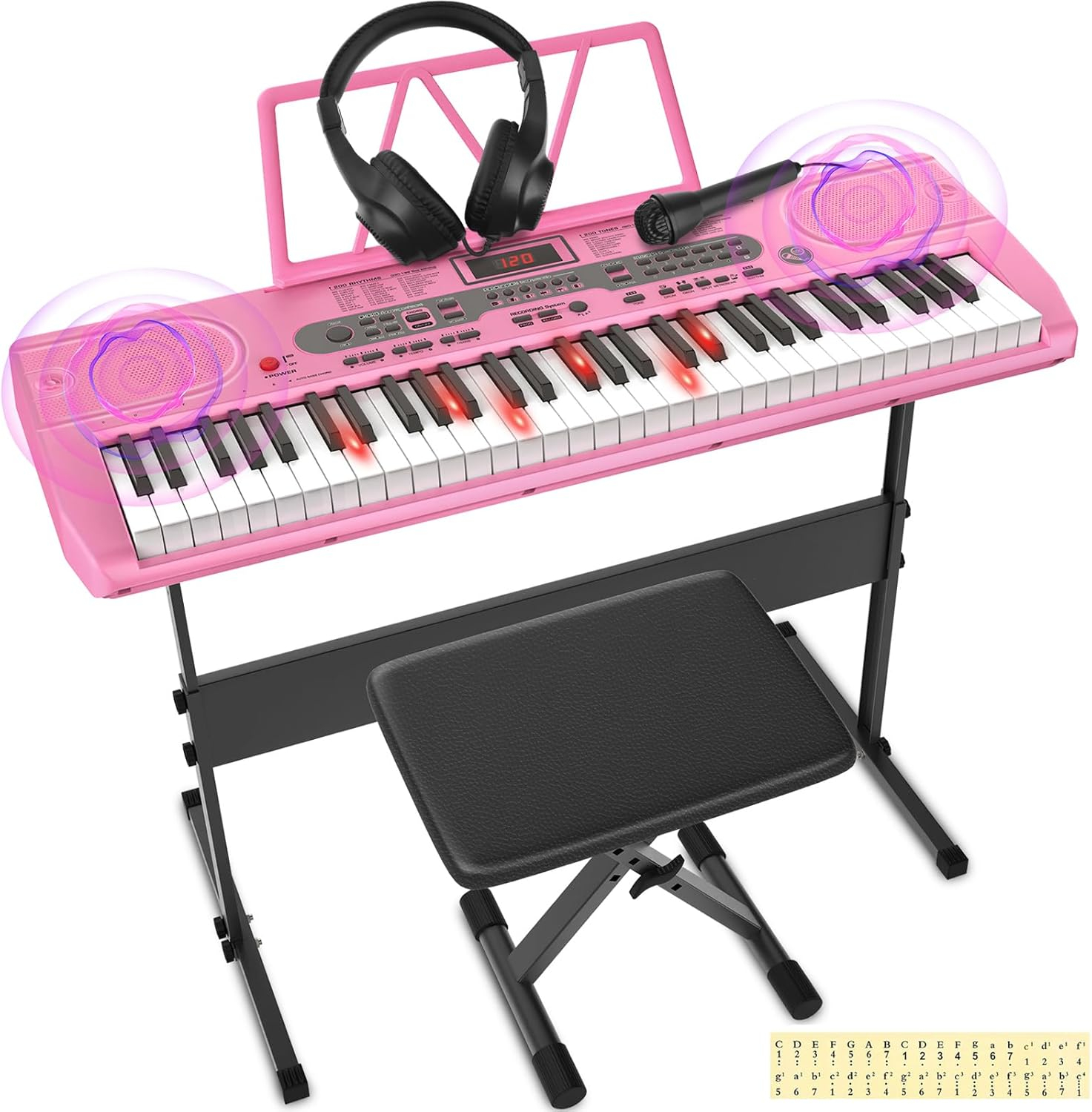Fenbeli 61 Key Piano Keyboard with Lighted Keys Electric Keyboard Kit with Stand, Bench, Headphones, Built-in Speakers, Pink