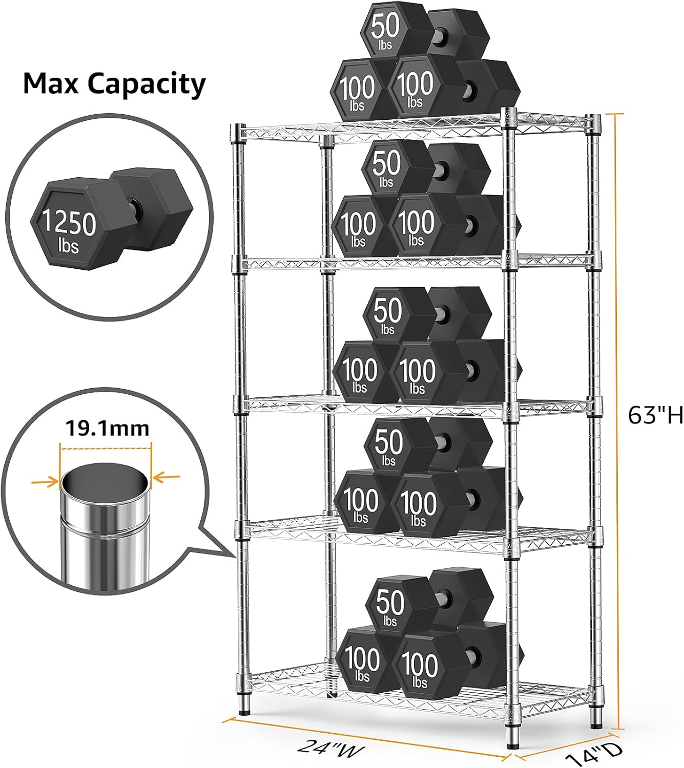 1250 lbs Steel Heavy Duty 5-Tier Utility Shelving Unit Steel Organizer Wire Rack for Home,Kitchen,Office,Chrome (13.7" D x 23.6" W x 62.4" H)