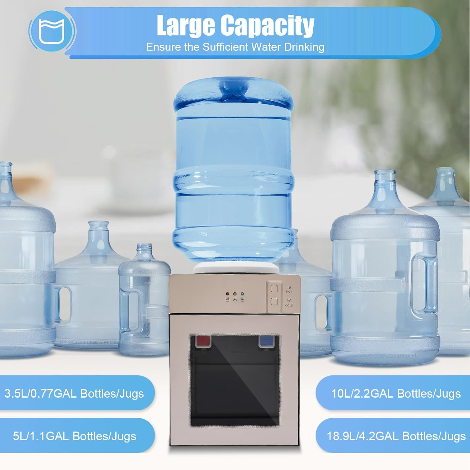 Water Dispenser, 5 Gal Electric Top Loading Countertop Water Cooler Mini Hot & Cold Water Cooler Dispenser for Bedroom, Studio, Office