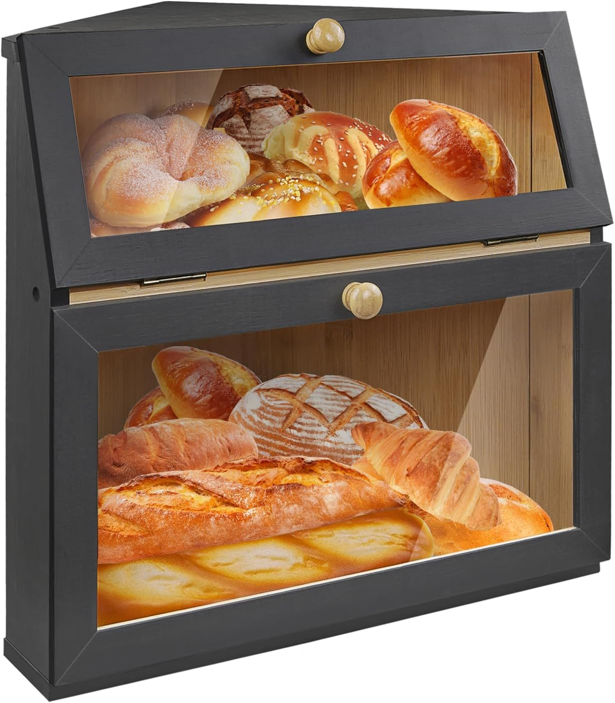 hghfhj   HOMEKOKO Double Layer Large Bread Box for Kitchen Counter  Wooden Large Capacity Bread Storage Bin (Black)