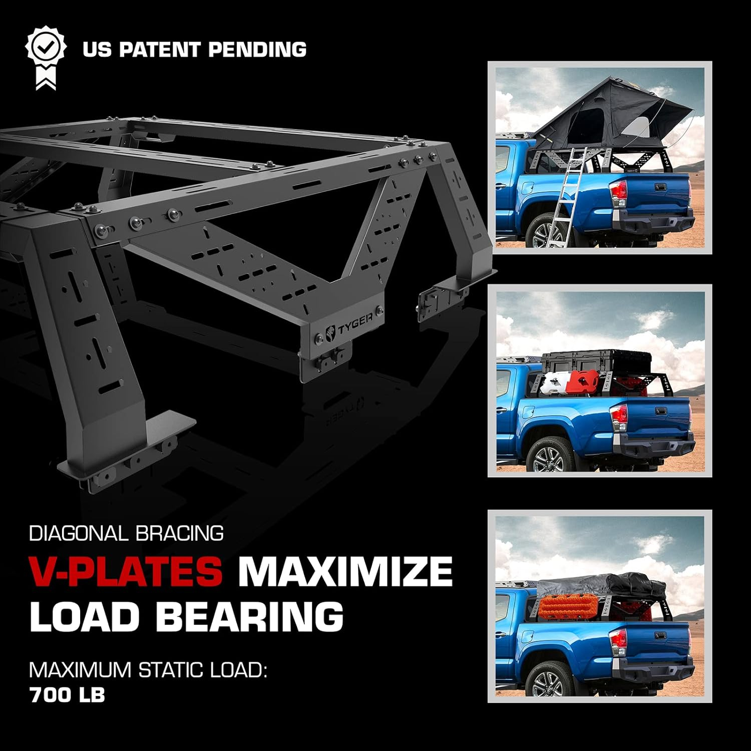 Tyger Auto Plate Style Overland Bed Rack for Mid-Size Pickup Trucks | Compatible with Tacoma, Ranger, Gladiator, Colorado, Canyon (see image for size chart) | TG-BK2U55347