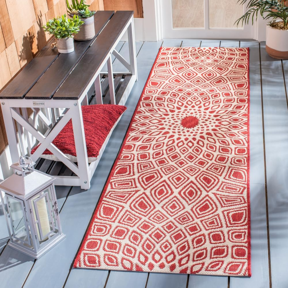 SAFAVIEH Courtyard Thane Abstract Indoor/Outdoor Runner Rug, Red/Beige, 2'3" x 8'