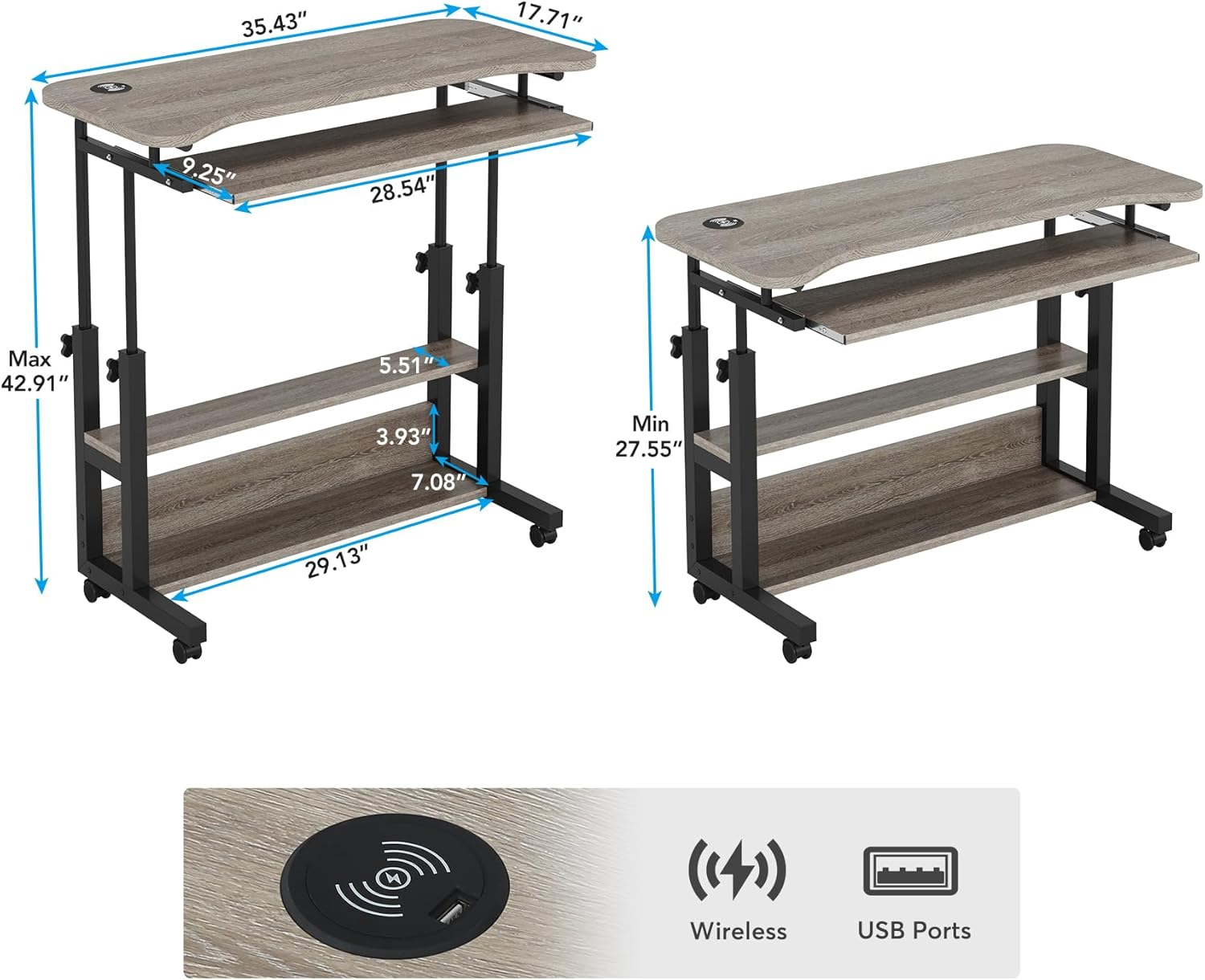 Gray Adjustable Height Laptop Cart with USB Port and Drawer