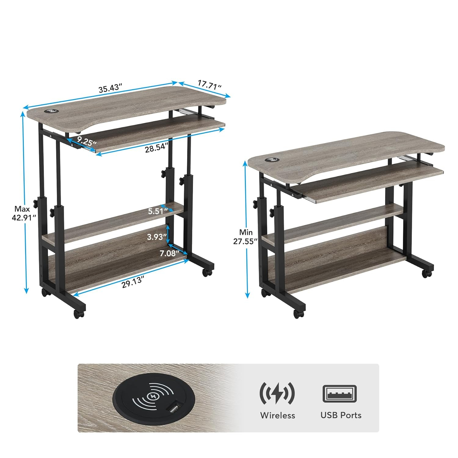 Gray Adjustable Height Laptop Cart with USB Port and Drawer