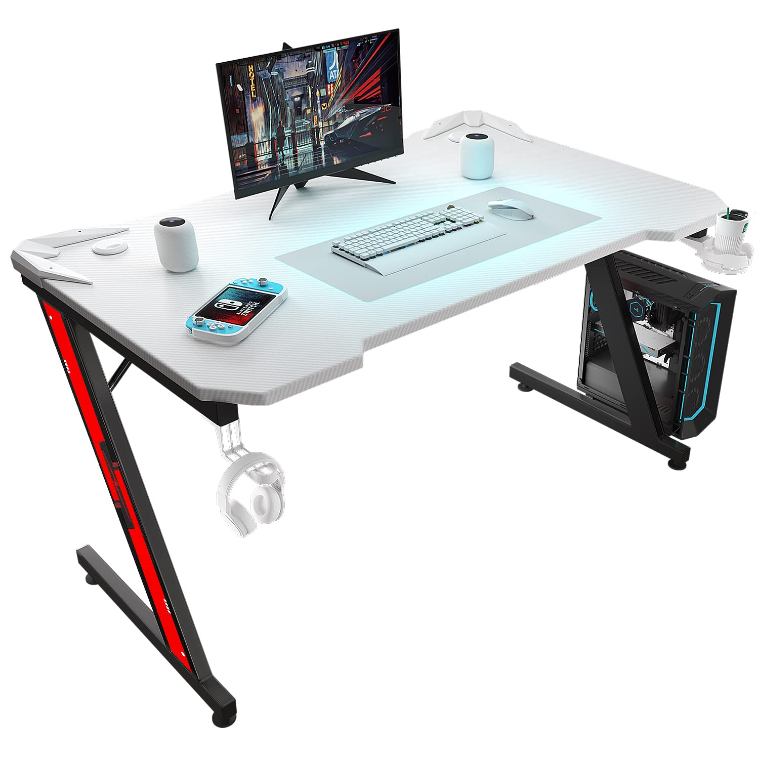 Homall Gaming Computer Desk with Carbon Fiber Surface, Gaming Table Z Shaped Pc Home Office with Cup Holder&Headphone Hook(44 in, White)