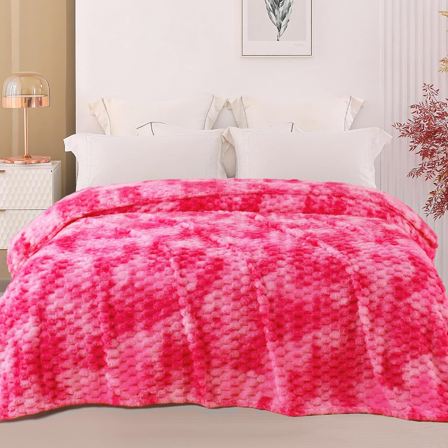 Exclusivo Mezcla Queen Size Soft Fleece Blanket, 90"x90" 3D Clouds Stylish Jacquard Velvet Blanket for Bed, Cozy Soft Lightweight for All Season, Tie-dye Hot Pink Blanket