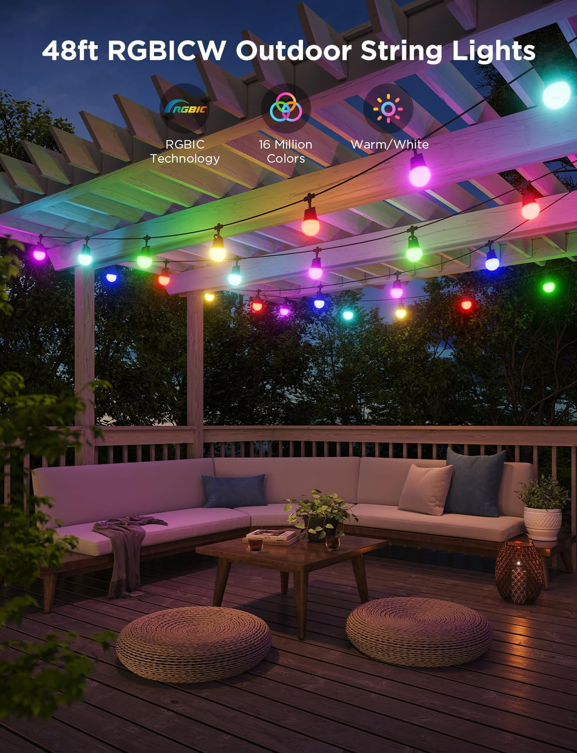 48ft Multicolor LED Outdoor String Lights with App Control