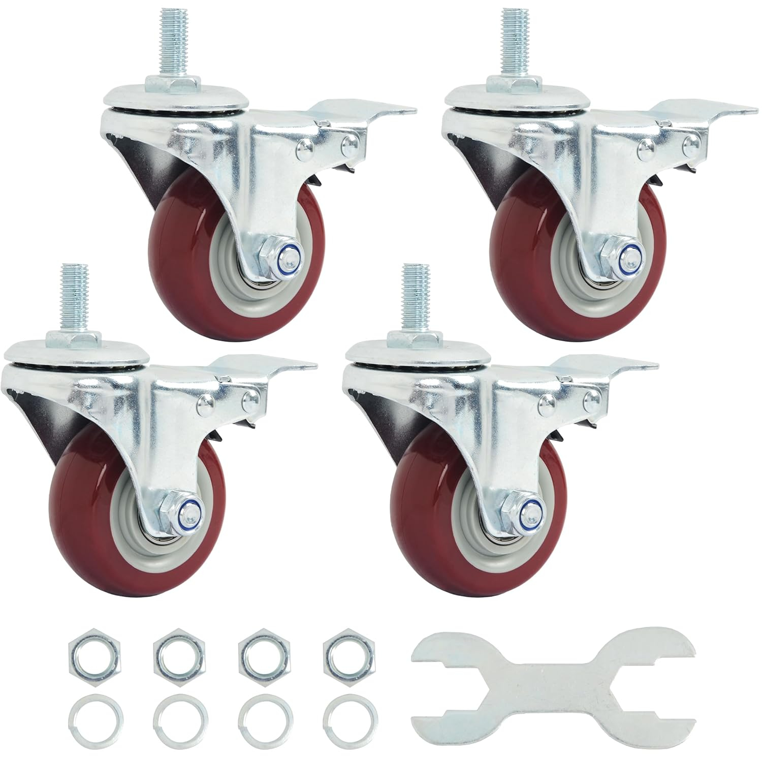 Caster Wheels Set of 4 with Brake Plate Swivel Casters Premium Polyurethane Wheels PU Load Bearing 1,200 Lbs Lockable Anti-wear Smooth Casters Red