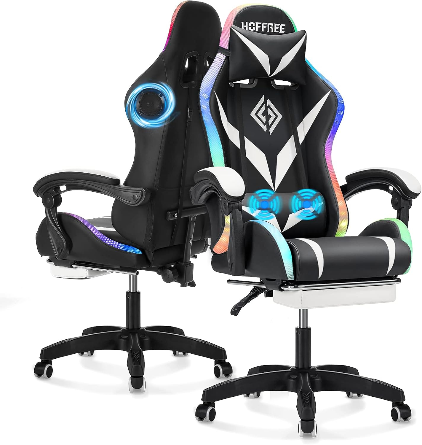 Gaming Chair with Bluetooth Speakers and RGB LED Lights Ergonomic Massage Computer Gaming Chair with Footrest Video Game Chair High Back with Lumbar Support White and Black