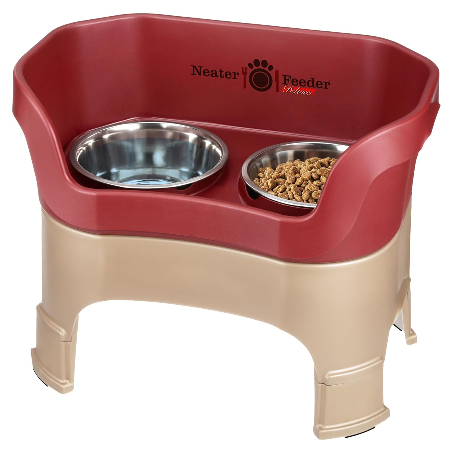 Neater Feeder Deluxe Mess Proof Dog Bowls Elevated for Large Dogs – Made in USA – No Spill Raised Dog Food Bowl Stand w/Leg Extensions – Stainless Steel Dog Food and Water Bowl Set – Red
