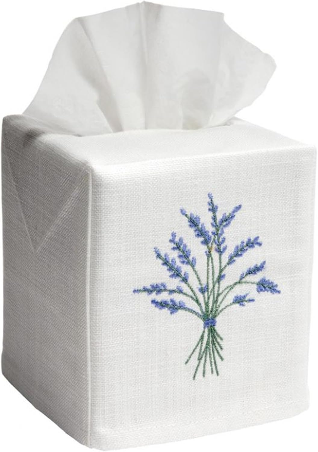 White Linen Square Tissue Box Cover with Blue Embroidered Botanical Design