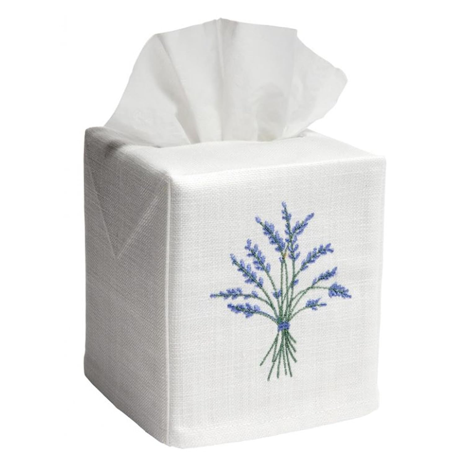 White Linen Square Tissue Box Cover with Blue Embroidered Botanical Design