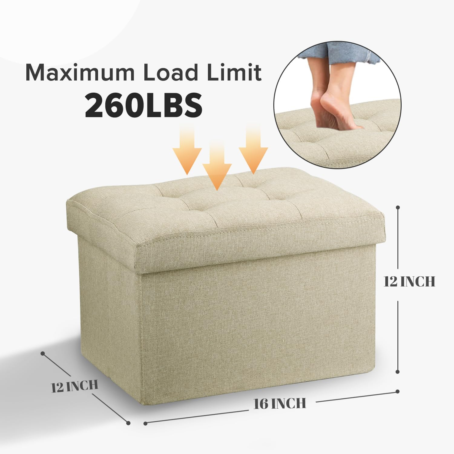 LINMAGCO Small Storage Ottoman Stool - Folding Foot Rest Under Desk Stool - 16X12X12IN Linen Cloth Beigh