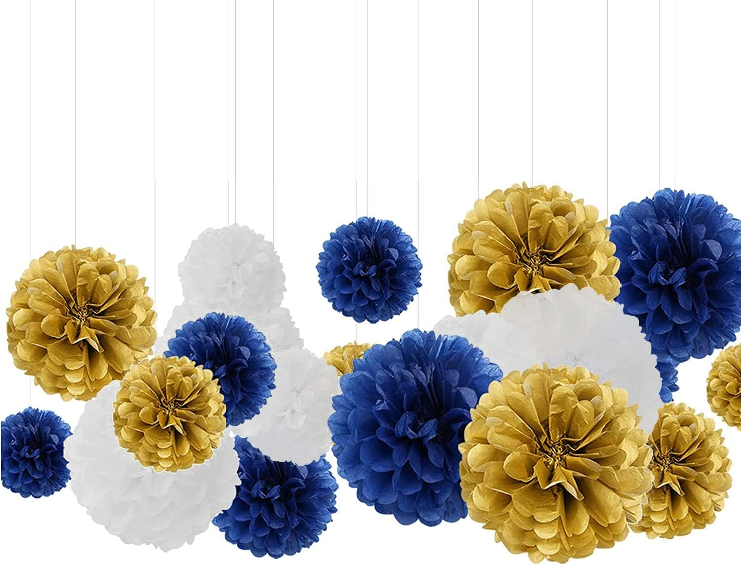 AIM & GGKK Paper Pom Poms Gold Gradient Navy Blue and White Tissue Hanging Paper Pom Poms,Flower Ball Wedding Birthday Party Decoration(12pcs)
