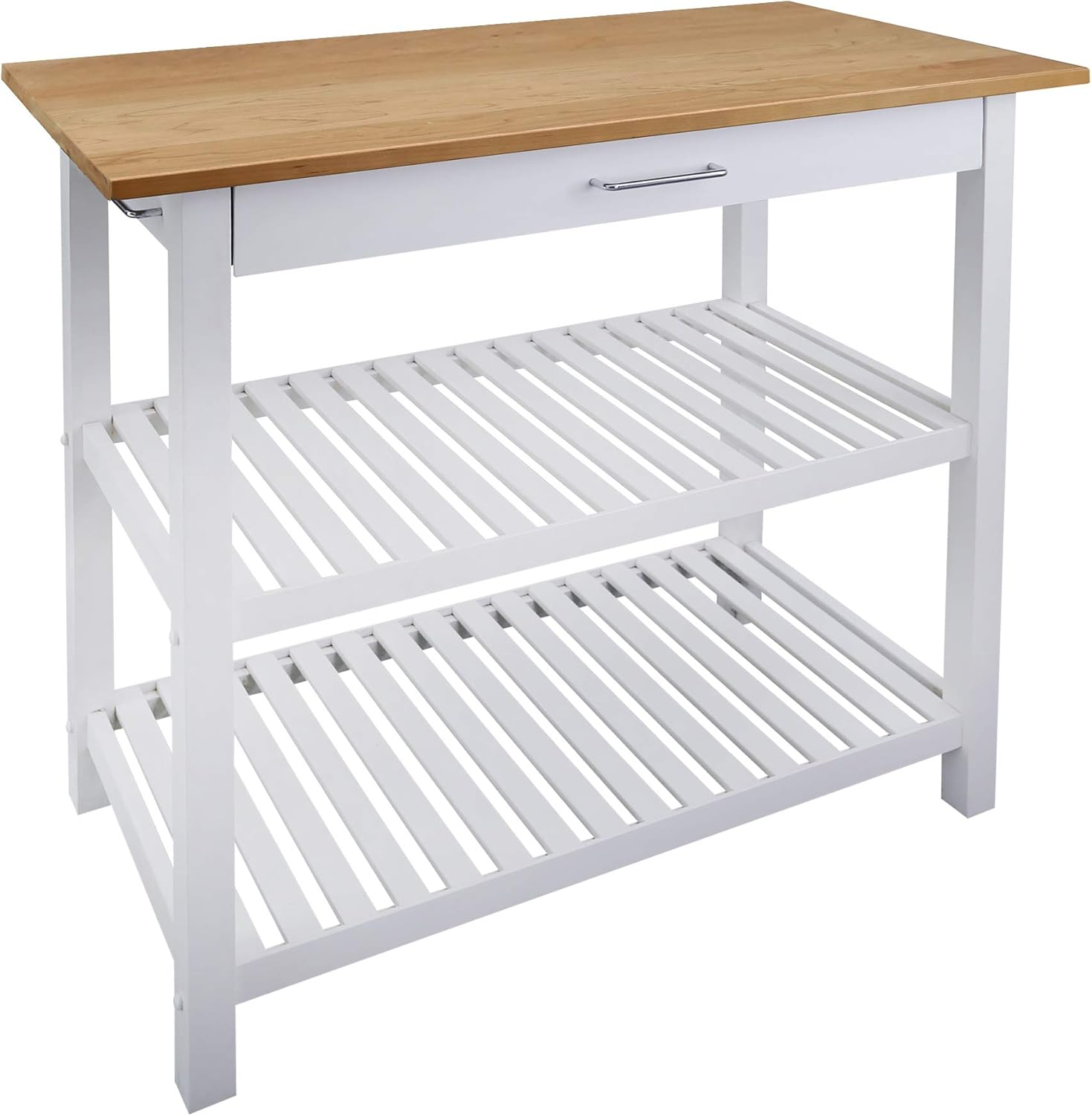 White and Natural Cherry Wood Kitchen Island with Shelves