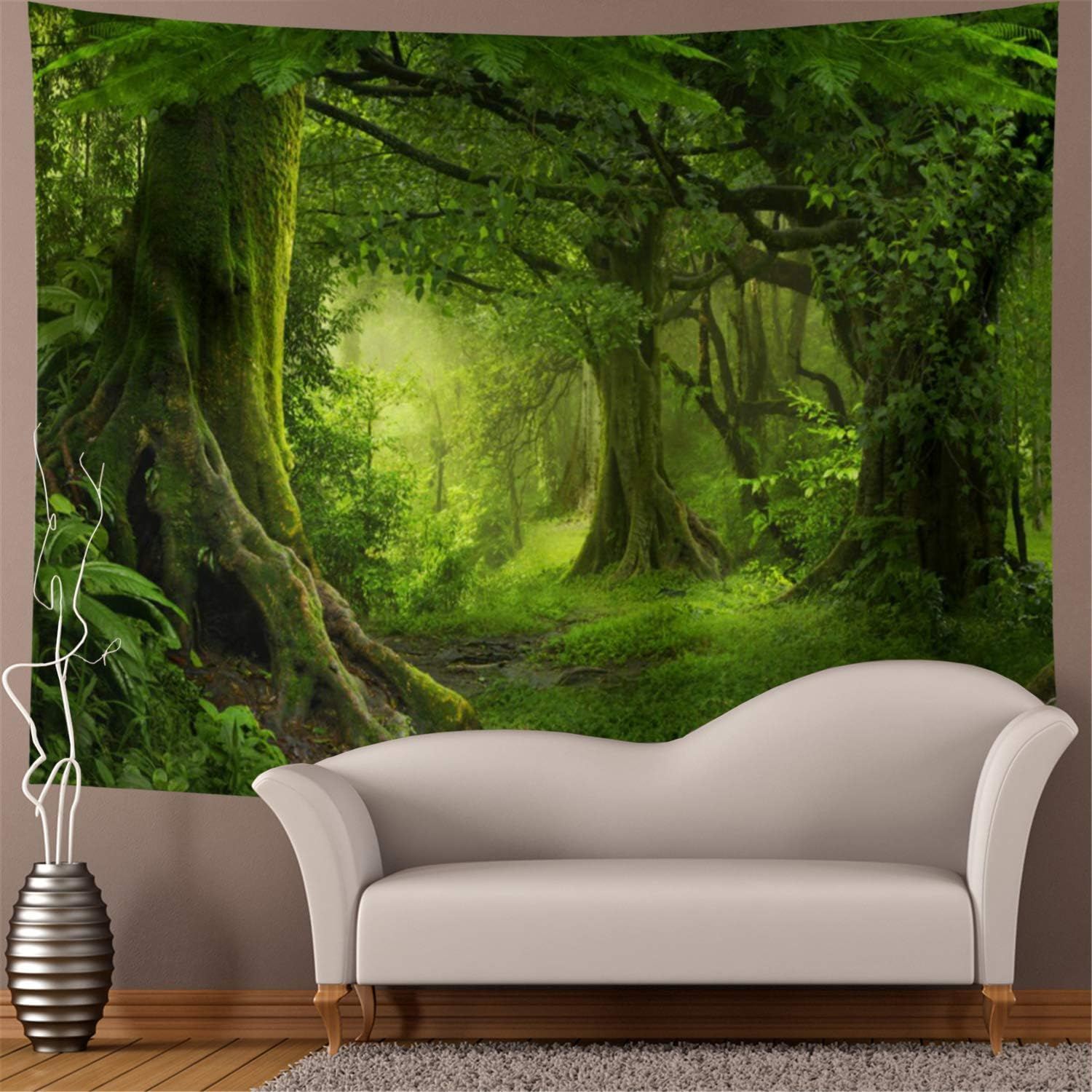 Misty Forest Tapestry Green Tree in Jungle Forest Tapestries Wall Hanging Nature Scenery Woodland Backdrop for Living Room Bedroom