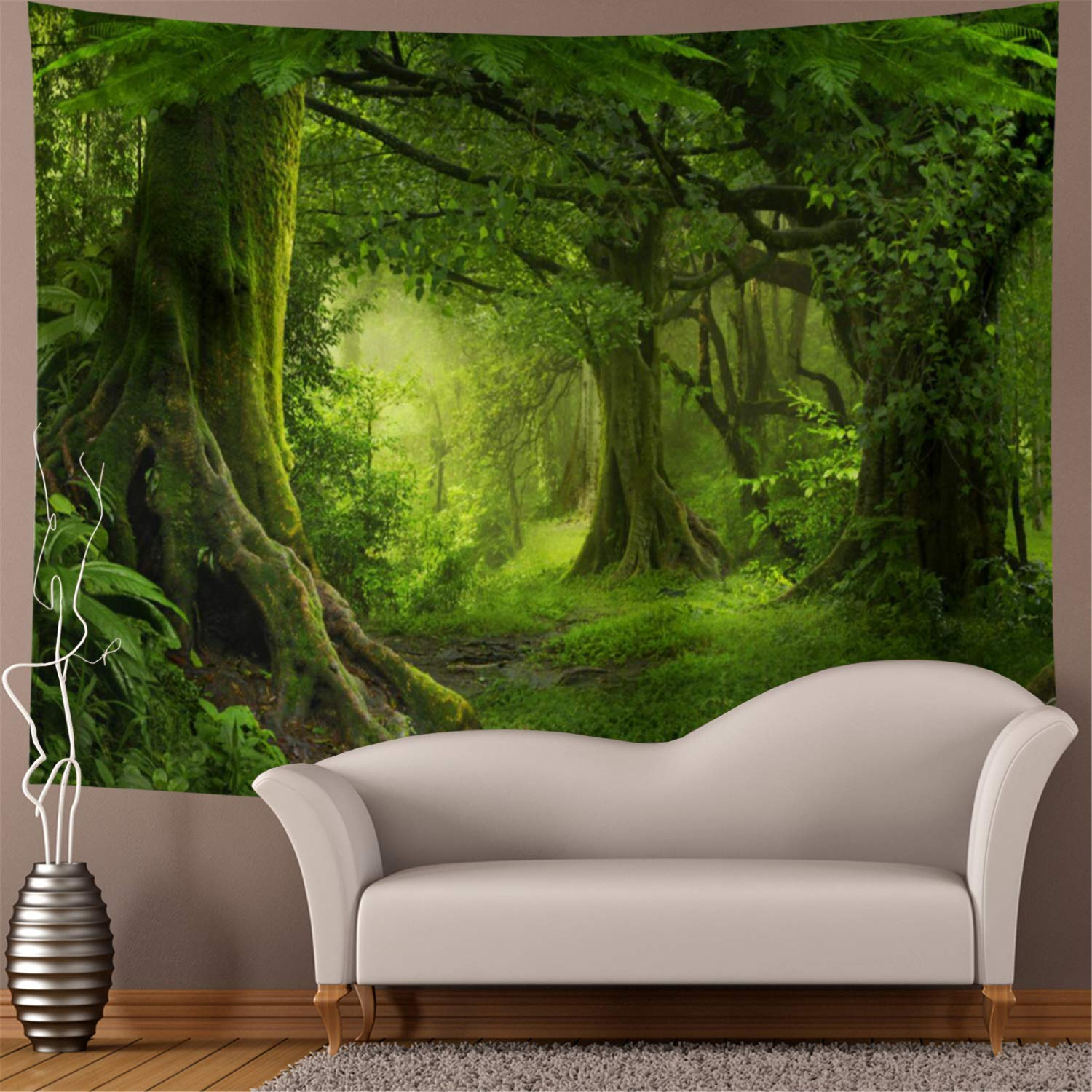 Misty Forest Tapestry Green Tree in Jungle Forest Tapestries Wall Hanging Nature Scenery Woodland Backdrop for Living Room Bedroom