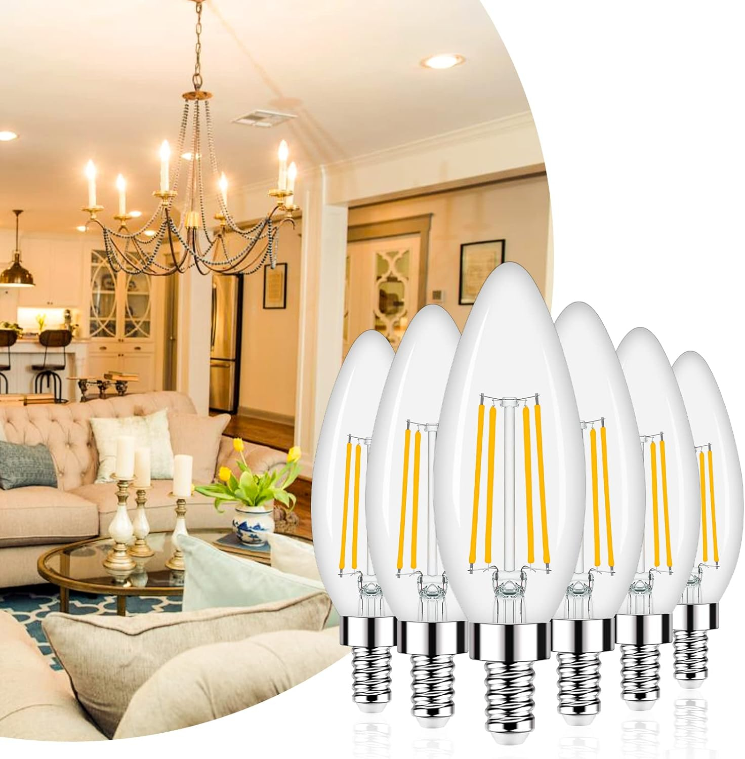 Honesorn Dimmable E12 Candelabra Led Light Bulbs, 2700k 60-Watt Equivalent Type B Chandelier Light Bulb for Ceiling Fan, Soft White C35 B11 Candle led for Candelabra Base 6 Pack