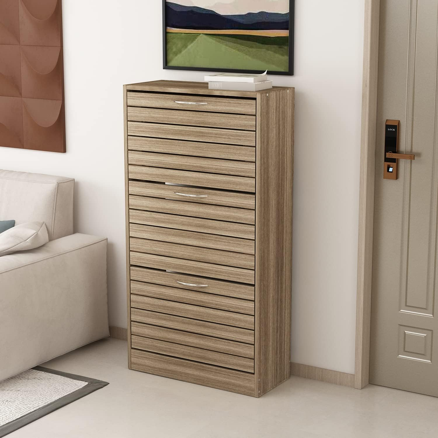 Homsee 3-Drawer Shoe Storage Cabinet with Louver Doors, 3-Tier Wood Shoe Rack Storage Organizer for Entryway, Brown (22.4”L x 9.4”W x 42.3”H)