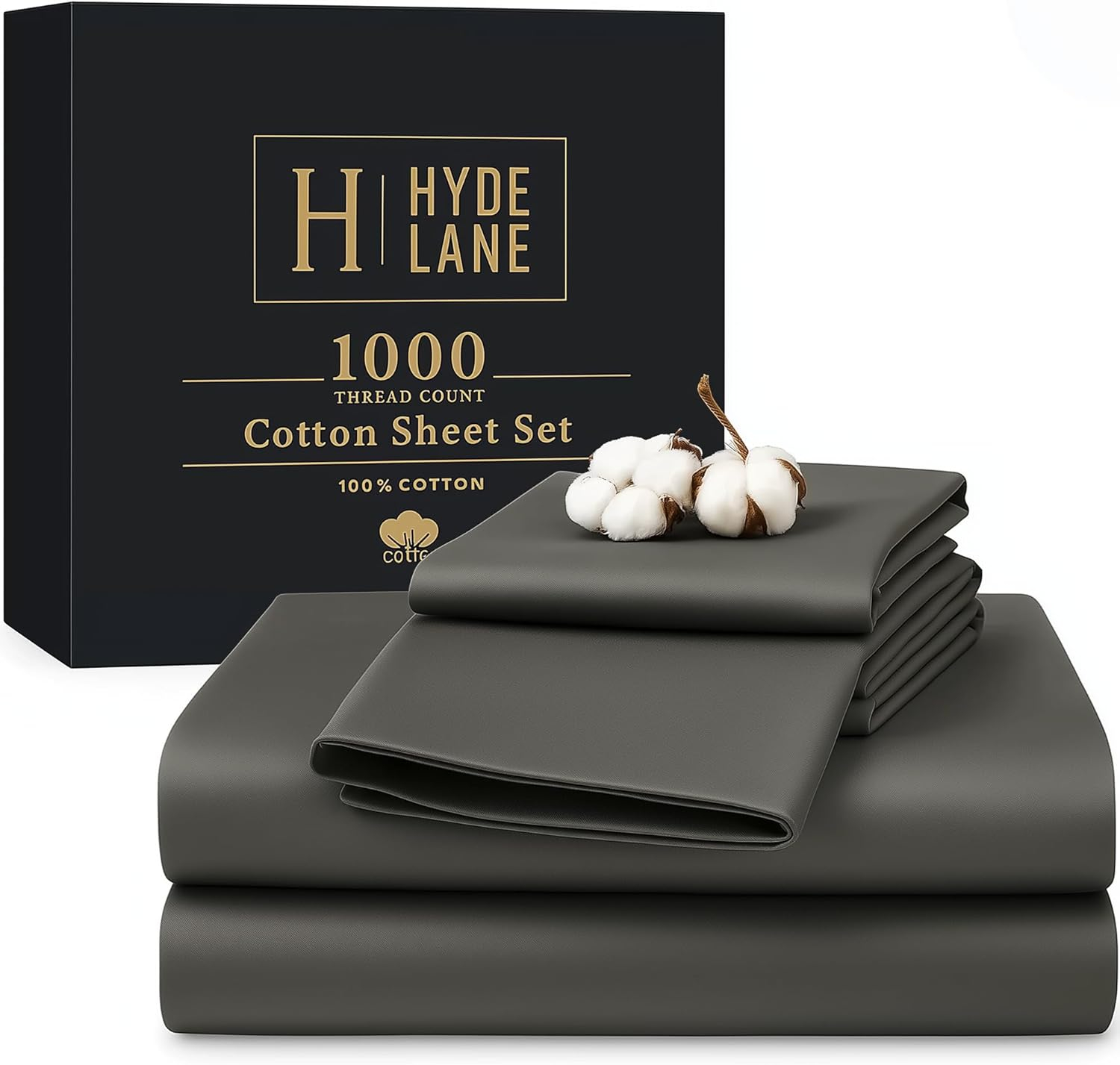 Hyde Lane California King Sheets - 1000 Thread Count Luxury Cotton, Deep Pocket Fitted Sheet Set, Soft & Breathable Sateen Weave, Durable & Elegant Bedding (Grey)