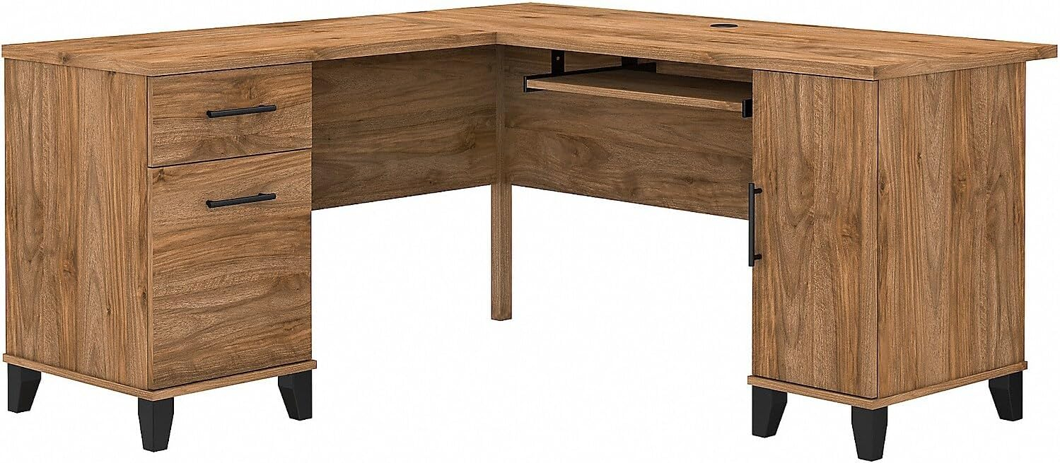 Bush Furniture Somerset 60 in L Desk with Keyboard Tray, File Drawer, Box Drawer and Storage Cabinet in Fresh Walnut (Ships in 2 Boxes)