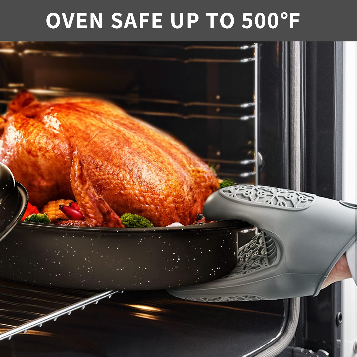 Granite Roasting Pan, Medium 16” Enameled Roasting Pan with Domed Lid. Oval Turkey Roaster Pot, Broiler Pan Great for Small Turkey, Chicken, Ham, Dishwasher Safe Fit for Roast 12Lb Bird by
