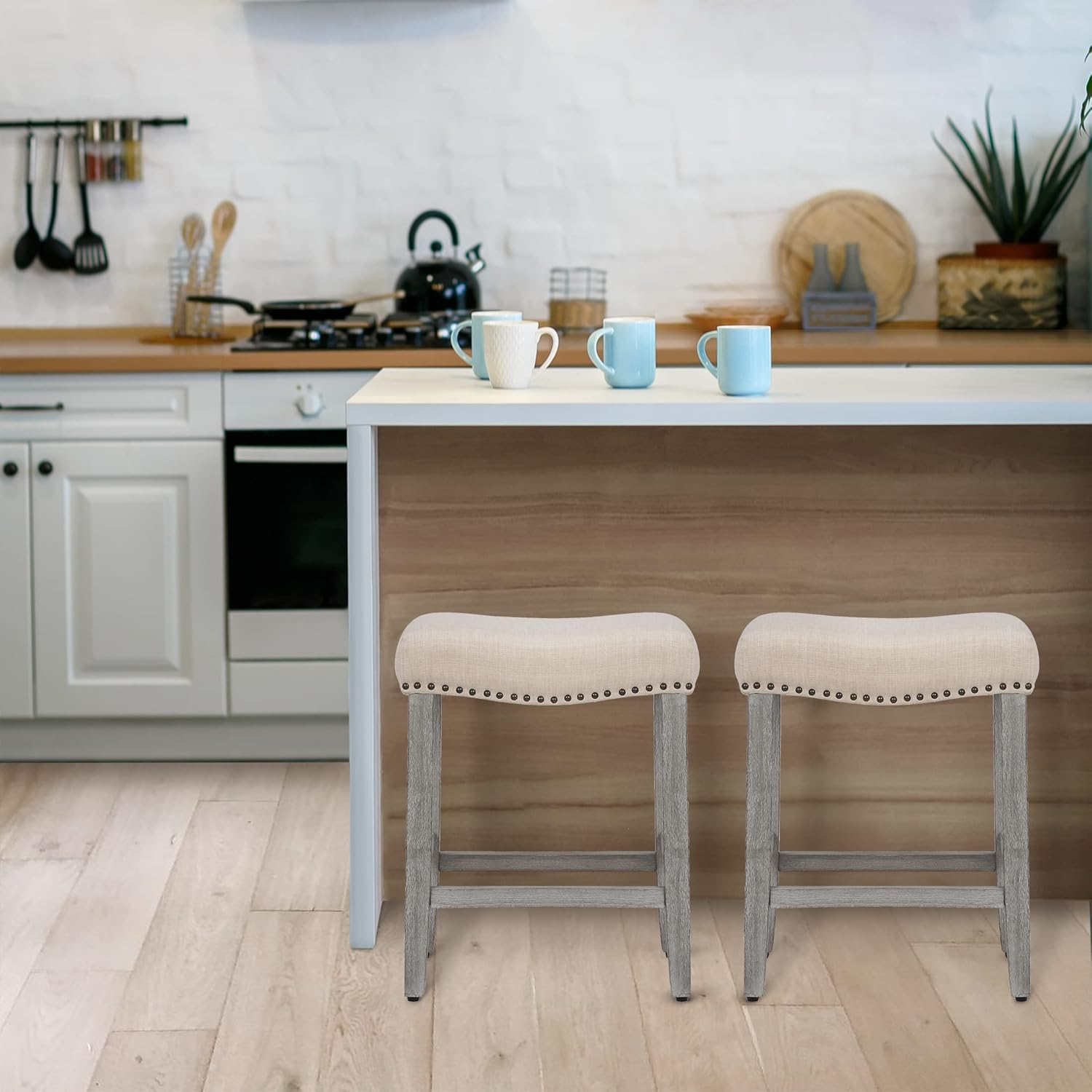 Antique Gray and Navy Blue Saddle Style Wood Bar Stool, 24"