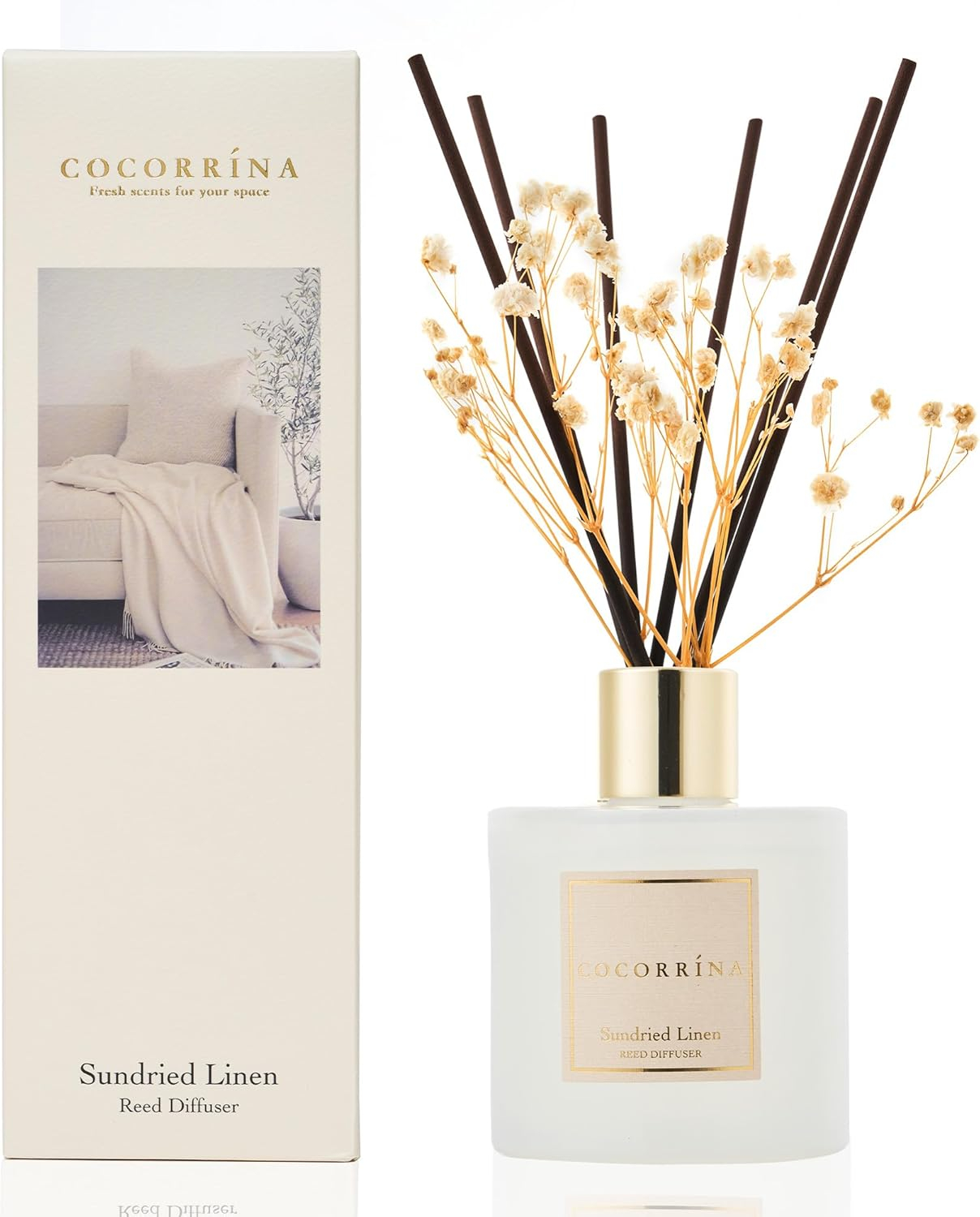 Cocorrína Reed Diffuser - Sundried Linen Scented Diffuser with 8 Sticks Home Fragrance Reed Diffuser for Bathroom Shelf Decor