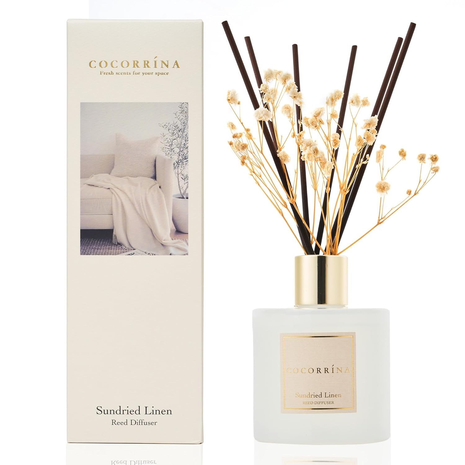 Cocorrína Reed Diffuser - Sundried Linen Scented Diffuser with 8 Sticks Home Fragrance Reed Diffuser for Bathroom Shelf Decor