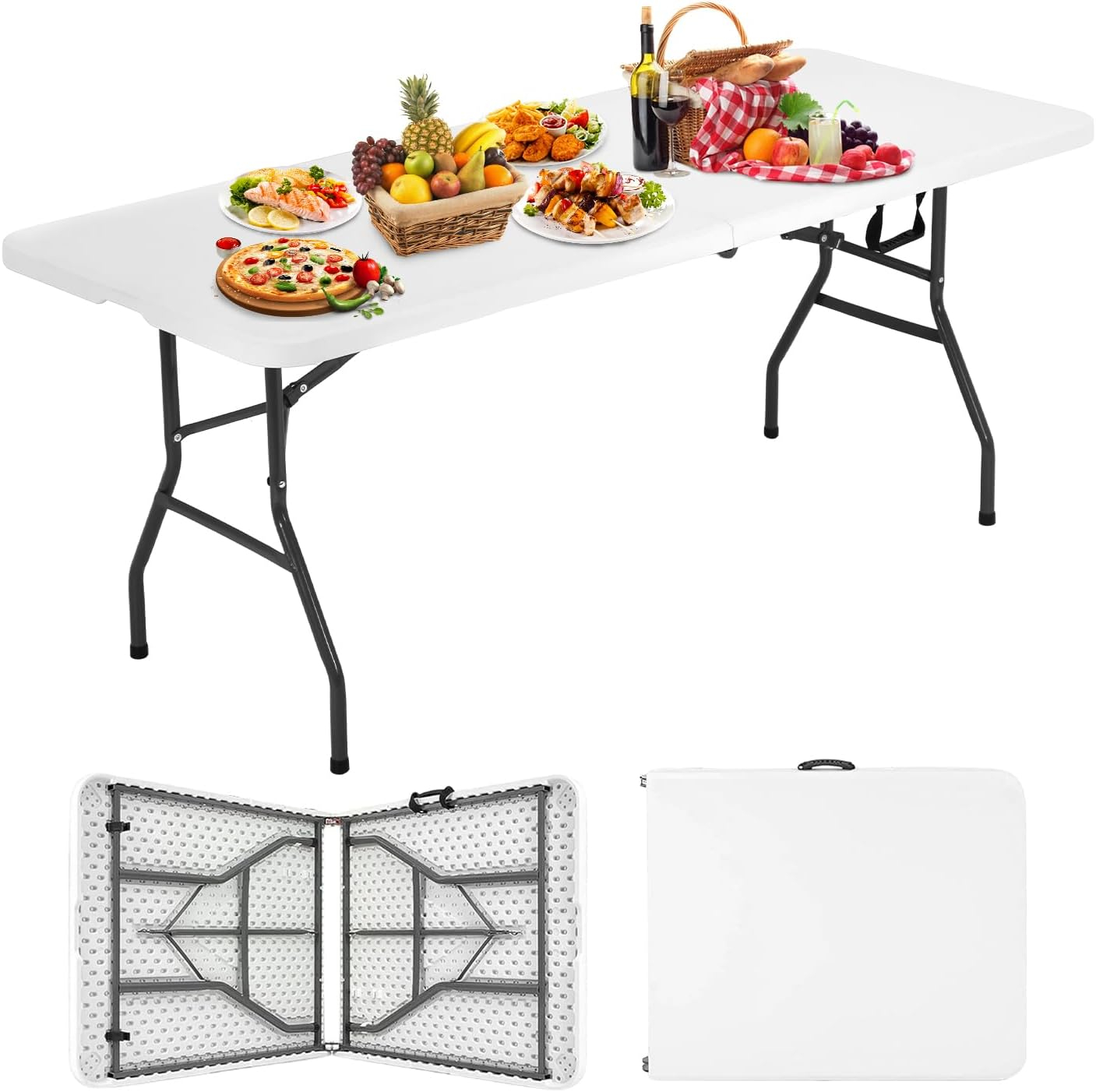 6 Foot Folding Table, Portable Plastic Dining Table, Fold-in-Half Heavy Duty Table Indoor Outdoor for Camping, Picnic, Party, BBQ, Wedding, White