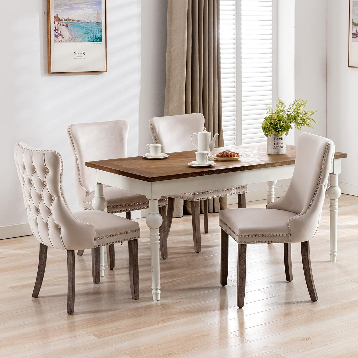 ODUSE-DAILY Beige Velvet Dining Chairs Set of 6, Kitchen & Dining Room Chairs, Sillas De Comedor, Nailheads Tufted, Fabric Upholstered, Solid Wood Frame (Beige, 6 Pcs)