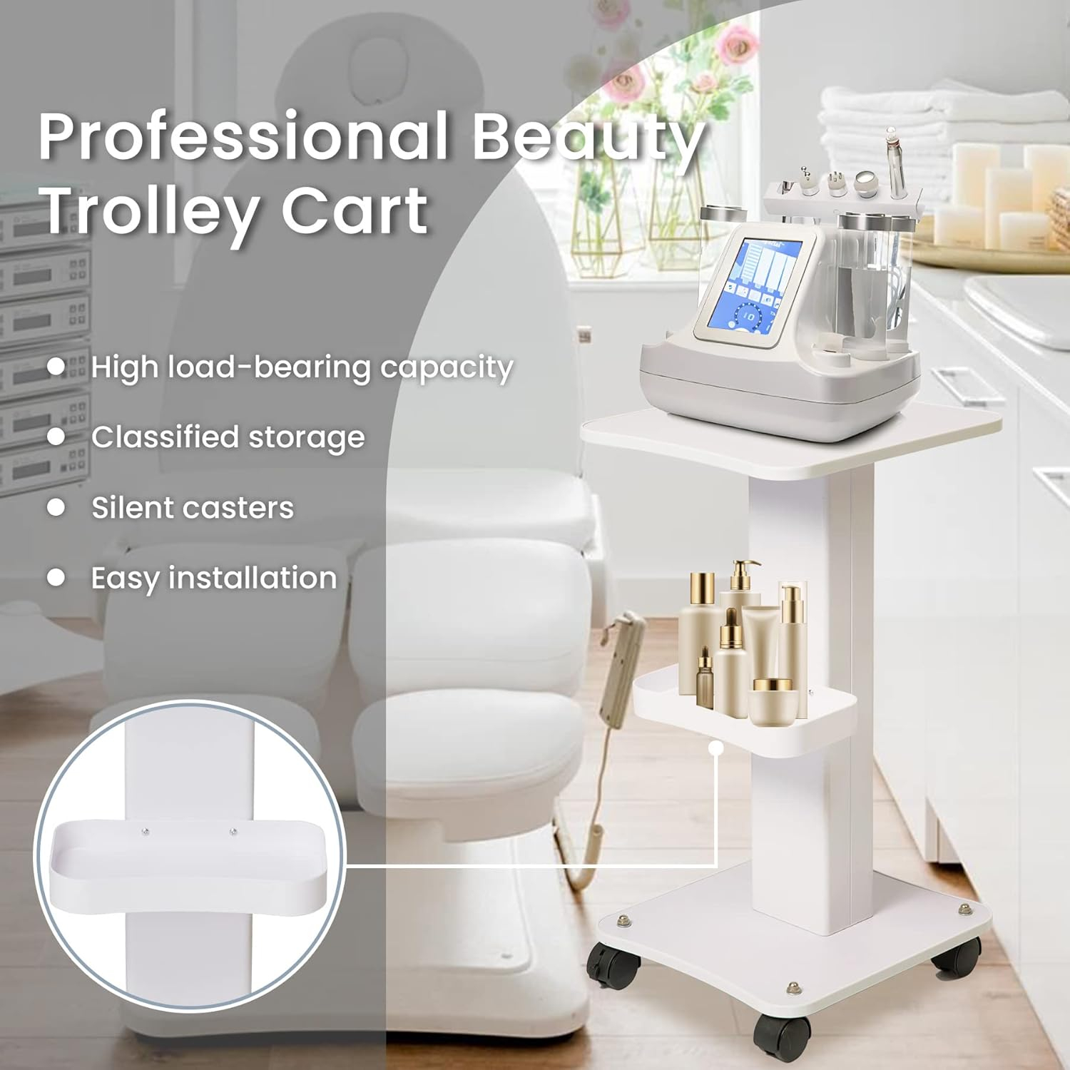 White Aluminum Alloy Salon Spa Trolley with Swivel Wheels