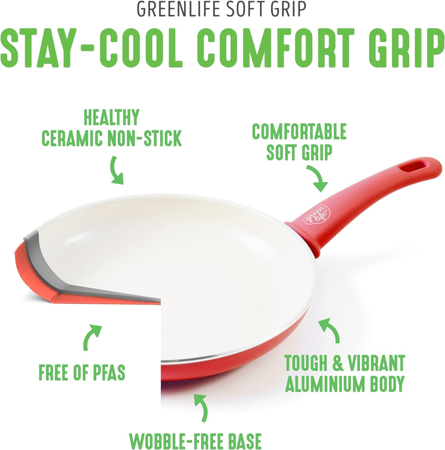 GreenLife Soft Grip 16 Piece Cookware Set, Non-Toxic PFAS-Free Ceramic Nonstick, Frying, Sauce, Saute, Utensils, Glass Lids, Stay-Cool Handles, Wobble Free, Dishwasher & Oven Safe, Red